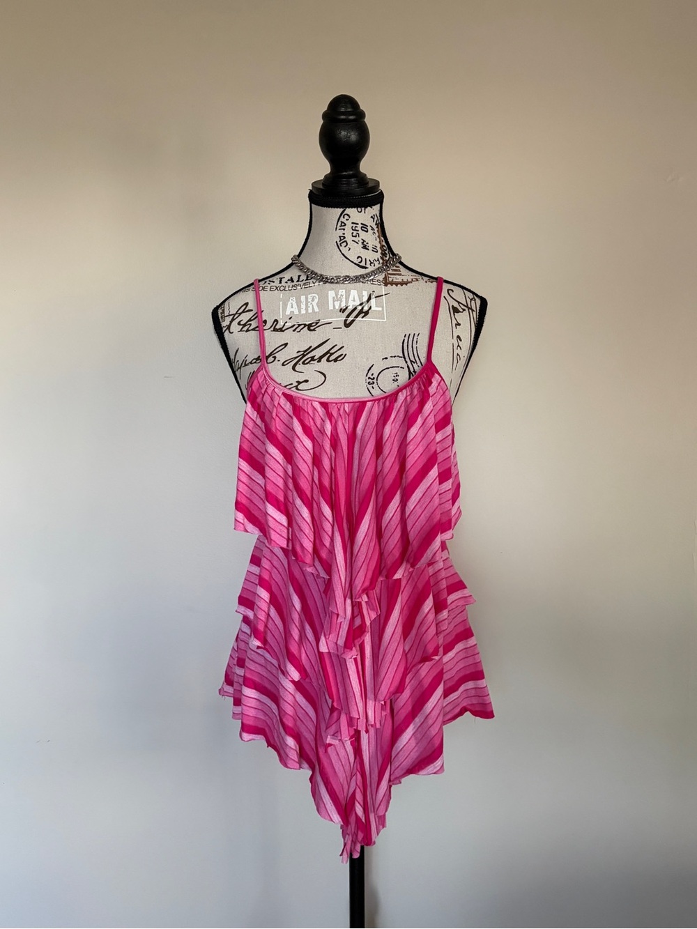 Y2K Pink Striped Ruffle Cami Top Tiered Front 2000s Girly Popstar